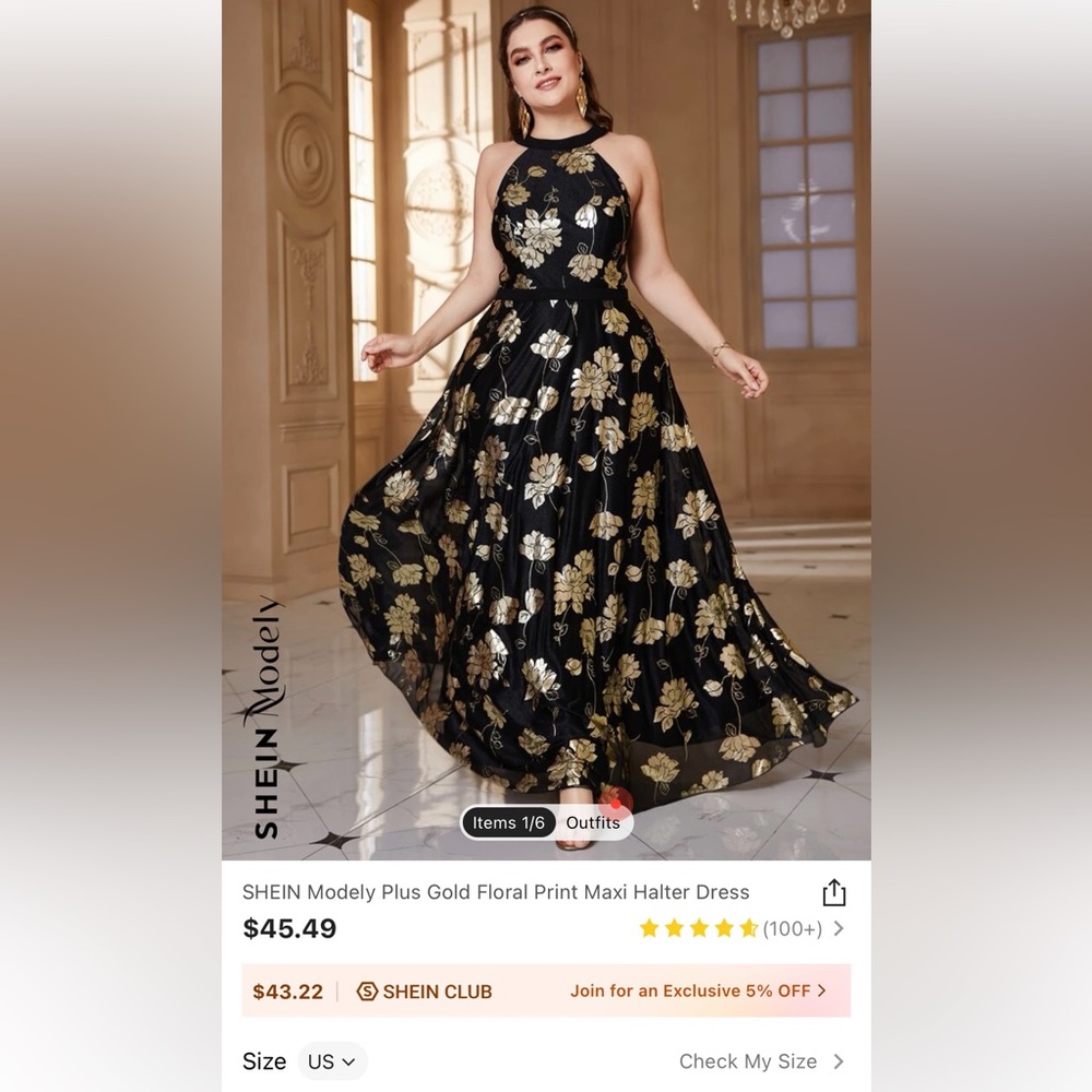 Gold Floral Print Maxi Halter Dress